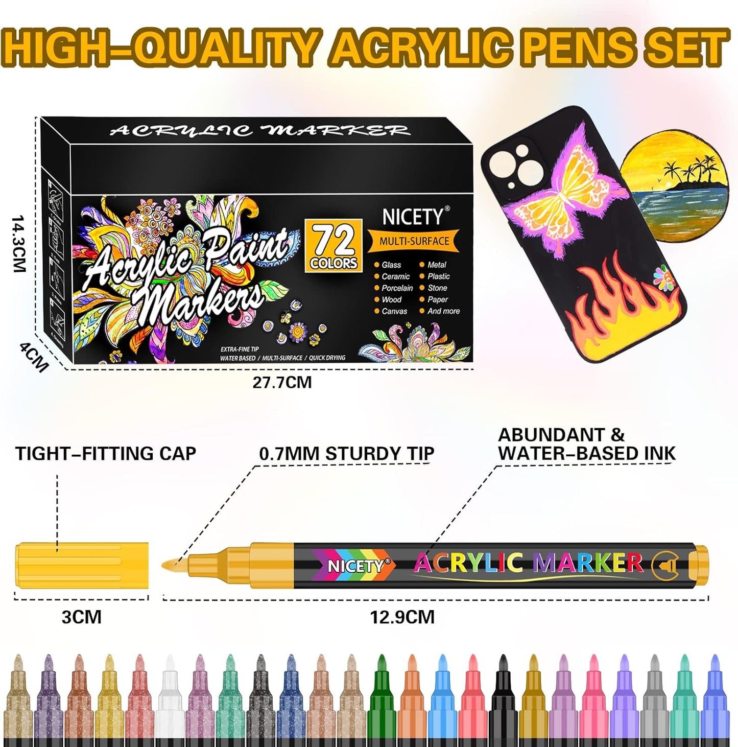 NICETY 72 Colors Acrylic Paint Pens Paint Markers, Extra Fine Tip Point Acrylic Paint Pens for Rock Painting, Canvas, Wood, Ceramic, Glass, Stone, Fabric, DIY Crafts & Art Supplies