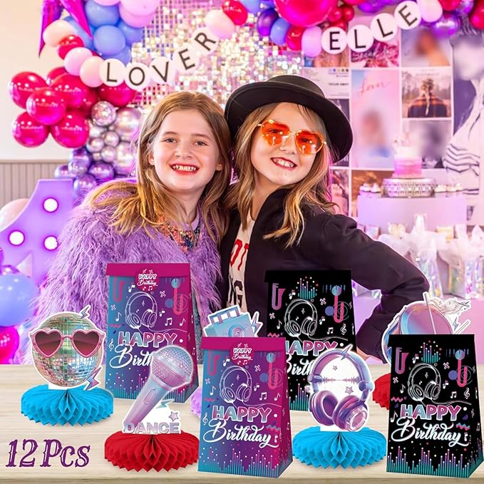 Happy Birthday Party Favors Gift Bags Candy Goodie Bag Black-Purple Decorations Treat Bag 2 Styles Popular Singer Music Paper Rack N Roll Wedding Bridal Baby Shower Decor(12 Pcs)