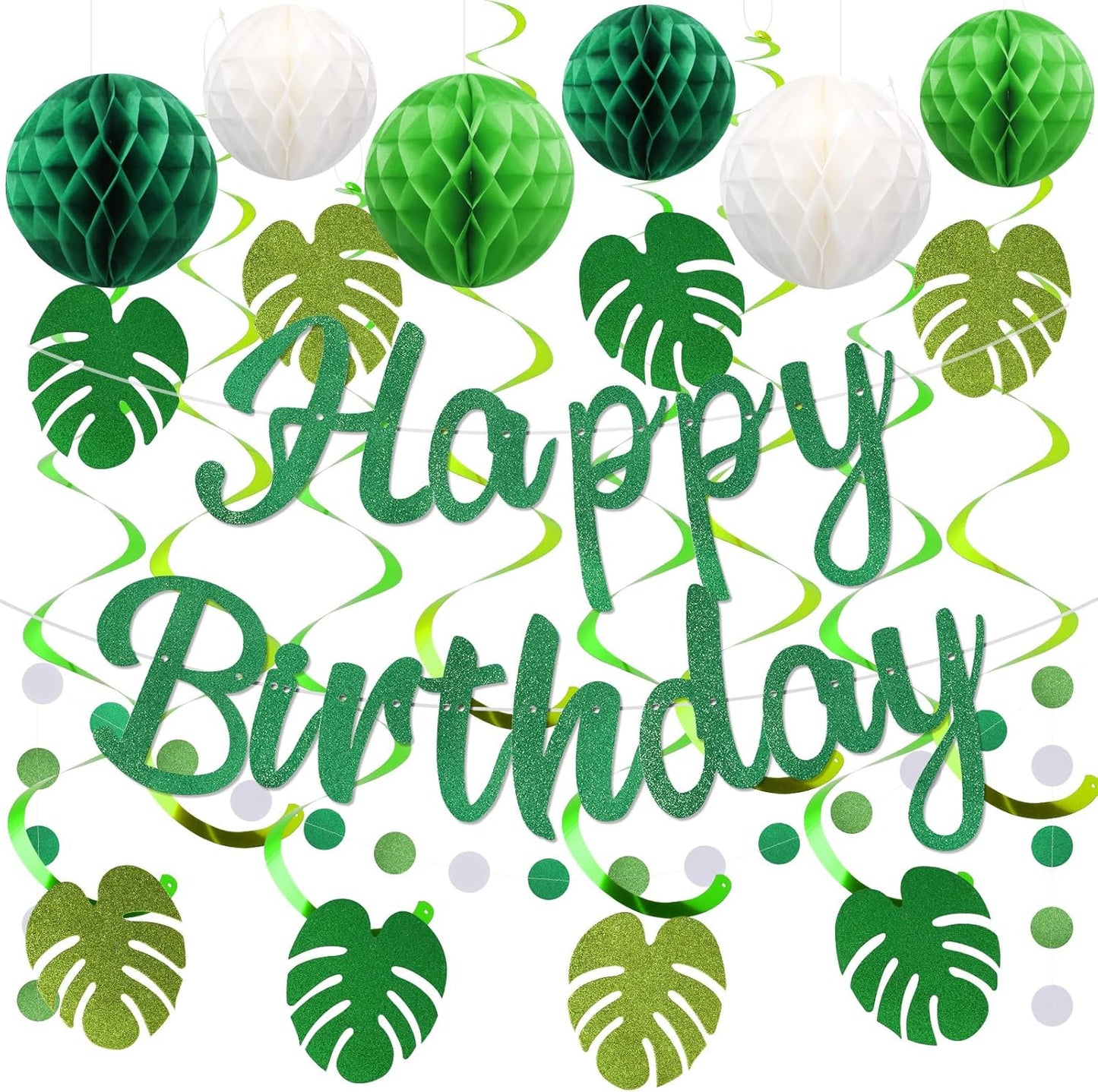 Birthday Decorations, NO DIY, Pre-Strung Happy Birthday Banner with Honeycomb Balls, Hanging Swirls, Circle Dots Garland, Happy Birthday Party Decorations for Women Men Boys Girls (Green)