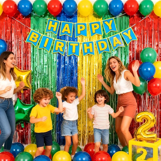 4 Packs Blue Red Green Yellow Foil Fringe Curtain, Blue Red Green Yellow Glitter Metallic Tinsel Backdrop for Birthday, Baby Shower, Video Game Theme Party Decorations Supplies