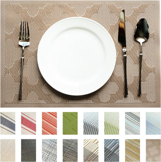 Placemats Set of 12 Vinyl/Plastic Woven Place Mats for Kitchen Table Indoor/Outdoor Washable Placemat Wipeable Dining Table Mats (Dark Brown Clover,12)