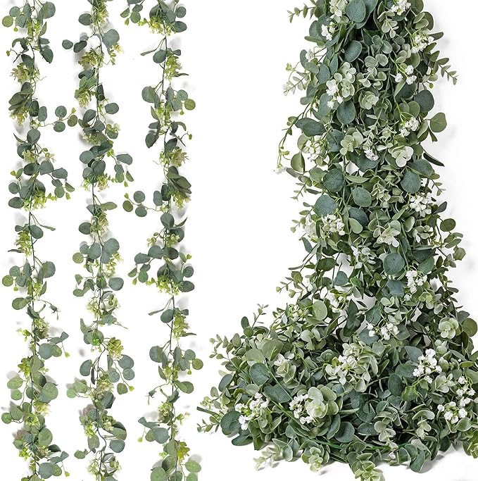 Mavee 3-Pack 5.9ft Artificial Eucalyptus Greenery Garland with Silver Dollar Leaves - Spring Table Runner Vines for Wedding Decor, Home Mantel, Wall Hanging & Party Arrangements