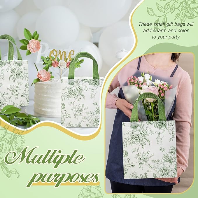 HunnmingRe 30 Pcs Sage Green Floral Gift Bags Floral Gifts Bag with Handles Bulk Wedding Bridal Shower Party Favor Non Woven Reusable Tote for Women Baby Shower Birthday Tea Fall Party Supplies