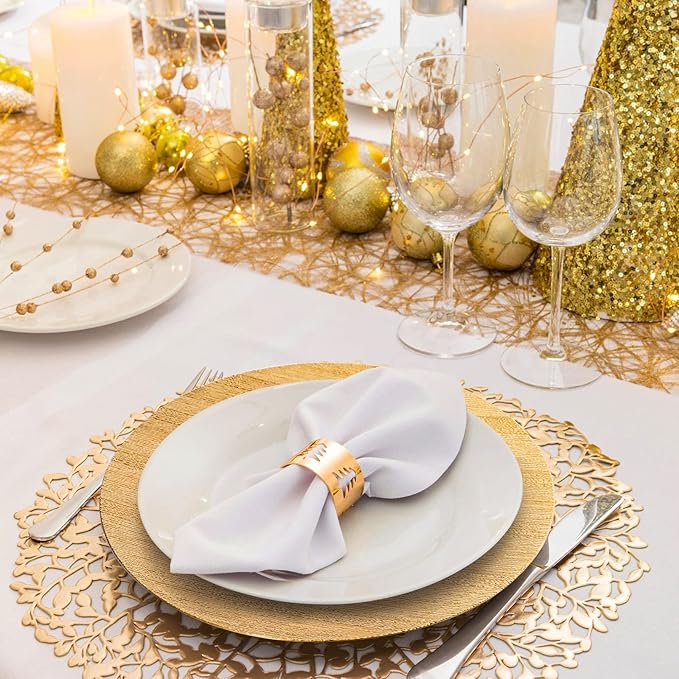 Jucoan 12 Pack Gold Charger Plates for Dinner Plates, 13 Inch Round Plastic Shiny Texture Strip Charger Plates for Wedding Thanksgiving Christmas Party Event Catering Hotel Tabletop Setting Decor