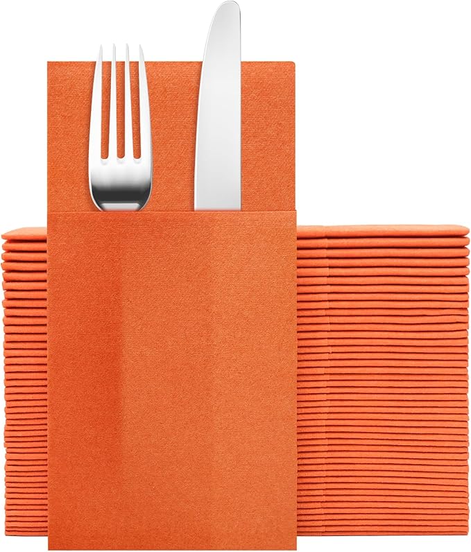 Orange Napkins Hand Towels Disposable, Linen-Feel Dinner Napkins with Prefolded Built-in Flatware Pocket, Guest Paper Hand Towels for Wedding, Thanksgiving Or Party (16x16in, 50Pack）