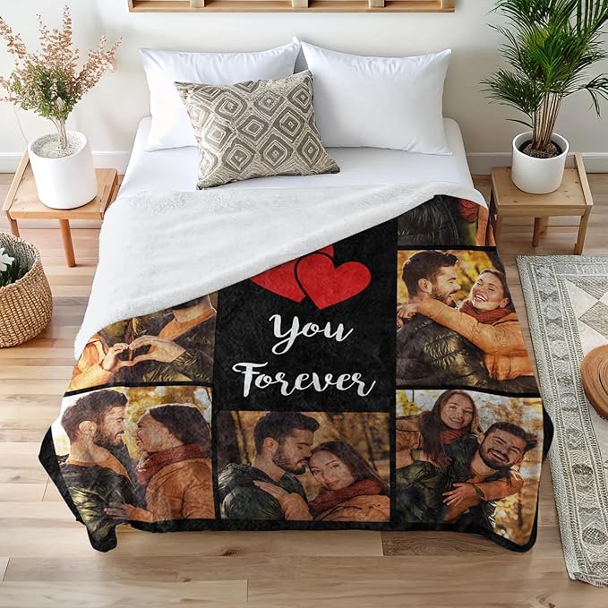 Ships Next Day Custom Blanket with Picture Text Personalized Throw Blanket Photo Collage Blankets Customized Valentines Day Gifts for Couple Girlfriend Boyfriend Her Him Wife Husband