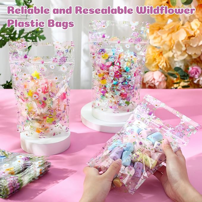 Blosssound 50 Pcs Wildflower Plastic Bags Clear Floral Baby Shower Favor Bags with Handles Flower Theme Sealed Pouches for Wedding Birthday Party Candy Guests Gift Wrapping Supplies Decor (Wildflower)