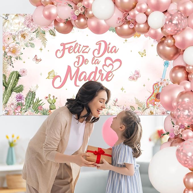 MEHOFOND Feliz Día De La Madre Decorations 107Pcs Mexican Mother's Day Balloons Set, Rose Gold Floral Feliz Dia Mama Love You Mom for Best Mom Ever Mothers Day Party Supplies