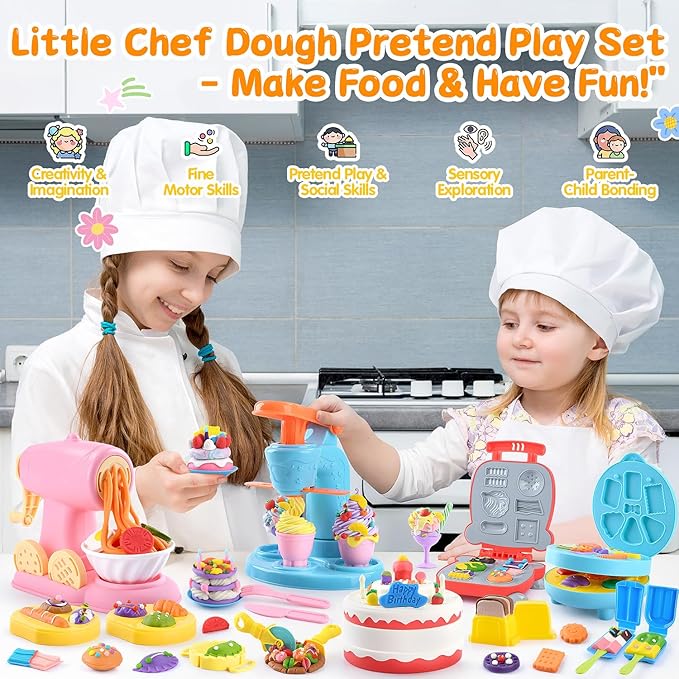 5-in-1 Color Dough Sets for Kids Ages 3+ DIY Food Maker Toys Set with 24 Dough, Arts and Crafts Kit for Pretend Play Ice Cream/Cake/Noodle/Hamburger/Pizza/Baking Set Toys Machines