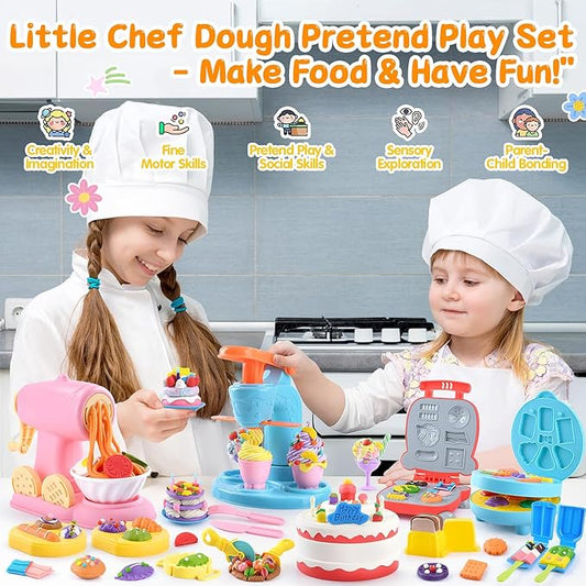 5-in-1 Color Dough Sets for Kids Ages 3+ DIY Food Maker Toys Set with 24 Dough, Arts and Crafts Kit for Pretend Play Ice Cream/Cake/Noodle/Hamburger/Pizza/Baking Set Toys Machines