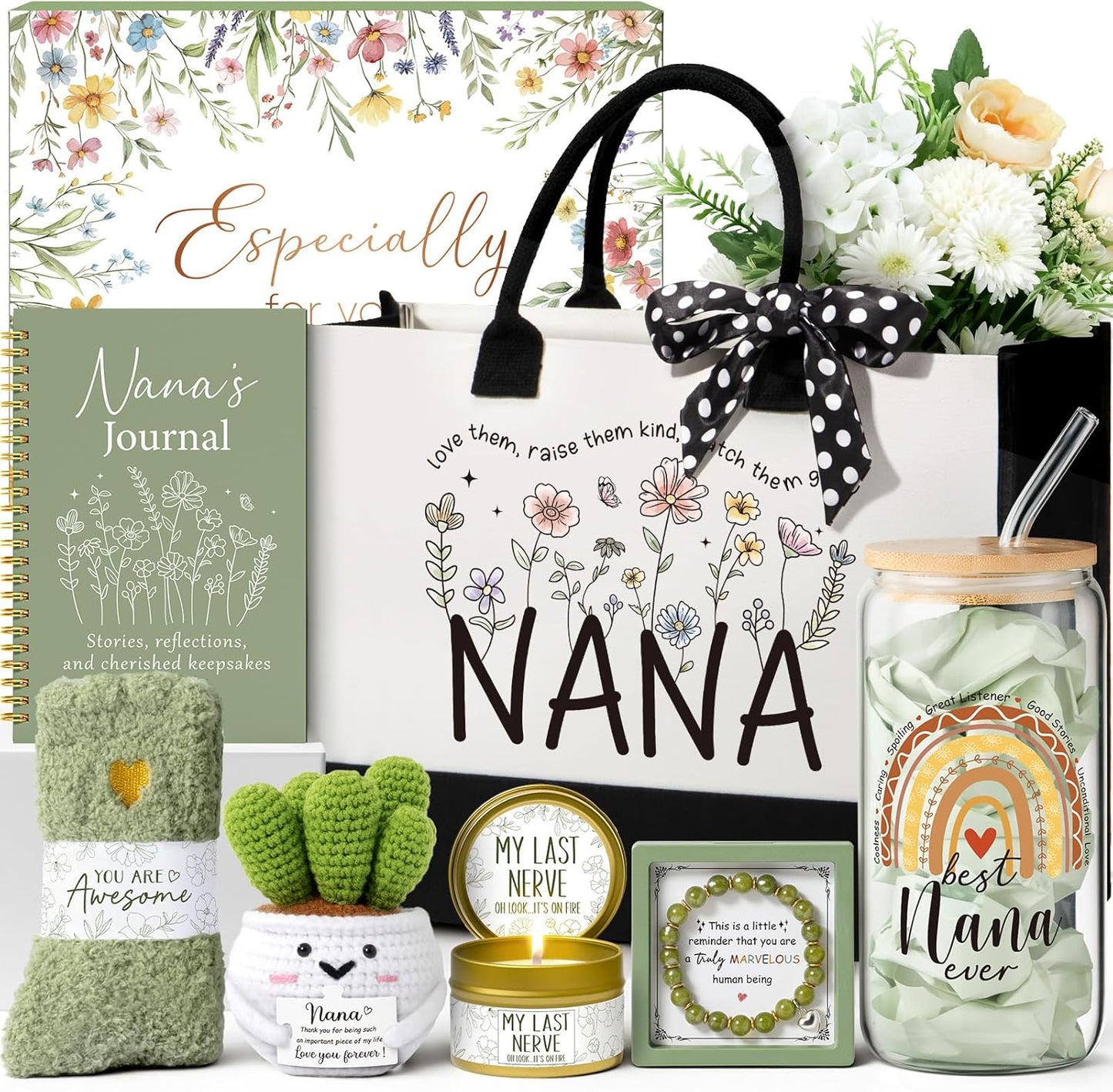 Best Grandma Christmas Gifts for Nana from Granddaughter Grandchildren Grandkids, Unique Nana Birthday Gifts for Grandma Gift Basket for Grandmother Gigi, New Granny Gift Set with Canvas Tote Bag