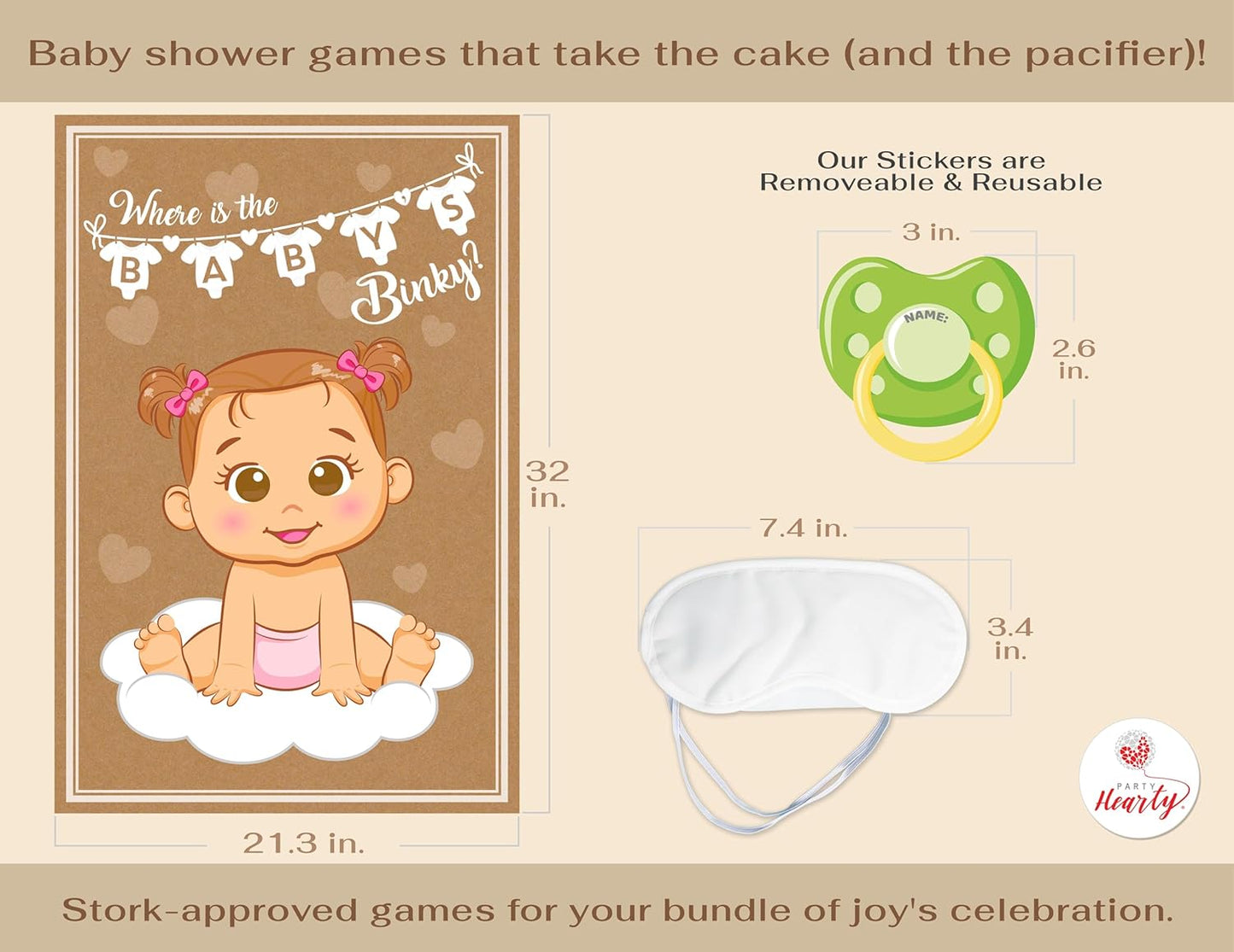 Party Hearty Funny Baby Shower Games for Girl - Pin The Pacifier on The Baby Game, Where is The Binky, Pin The Dummy