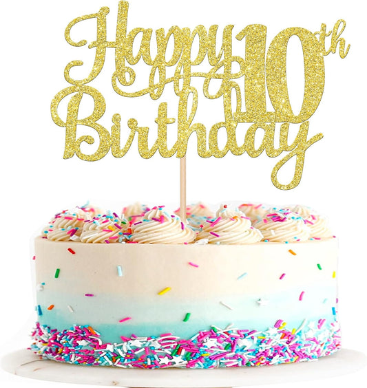 1 PCS Happy 10th Birthday Cake Topper Gold Glitter Cheers to 10 Years Birthday Cake Pick 10 Fabulous Double Digits Cake Decoration for Happy 10th Birthday Theme Party Decorations Supplies