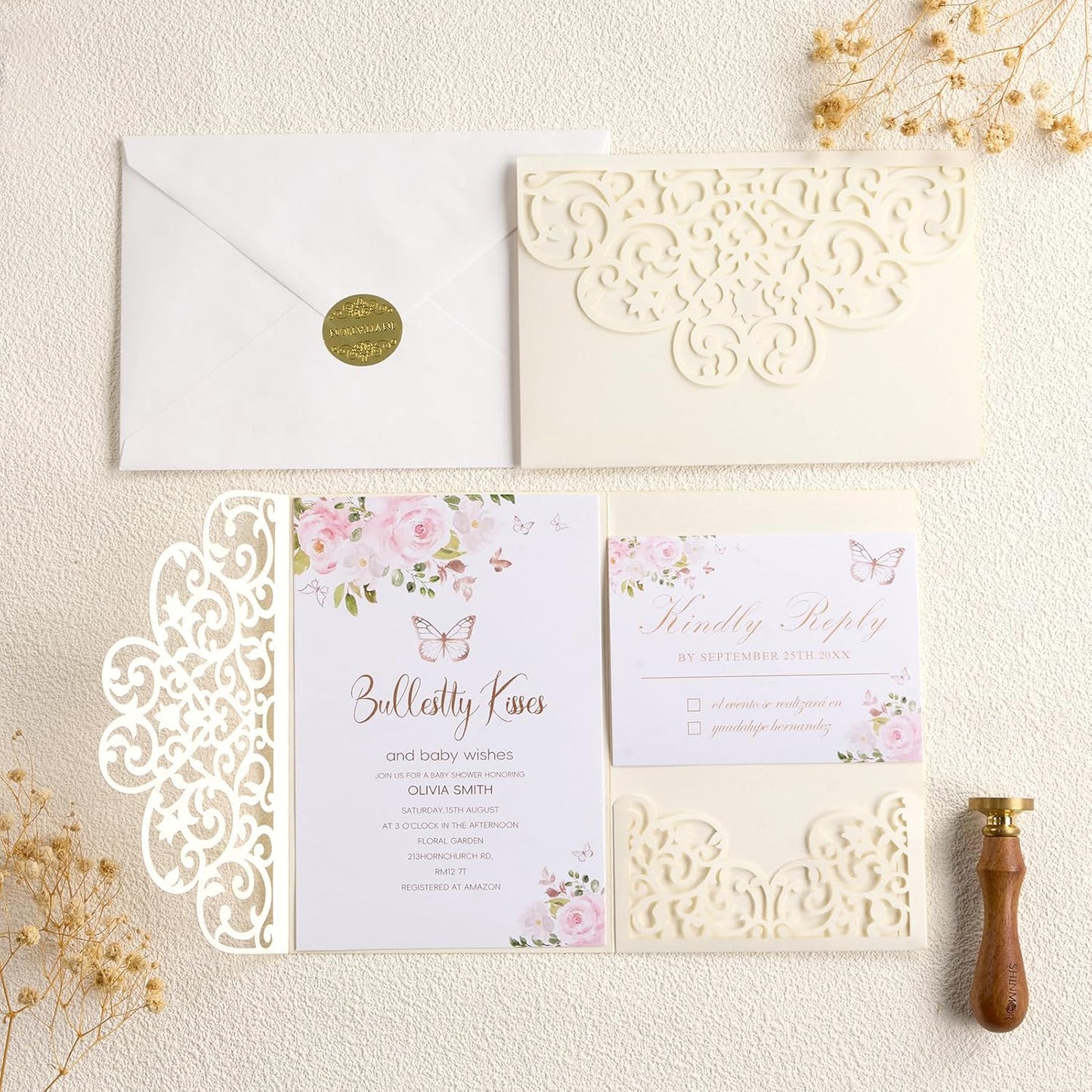 50Pcs Ivory Wedding Invitation Kits with Envelopes and RSVP Cards Laser Cut 5×7 Tri-Fold Personalized Birthday Invitations for Wedding Quinceanera Party Bridal Shower Engagement