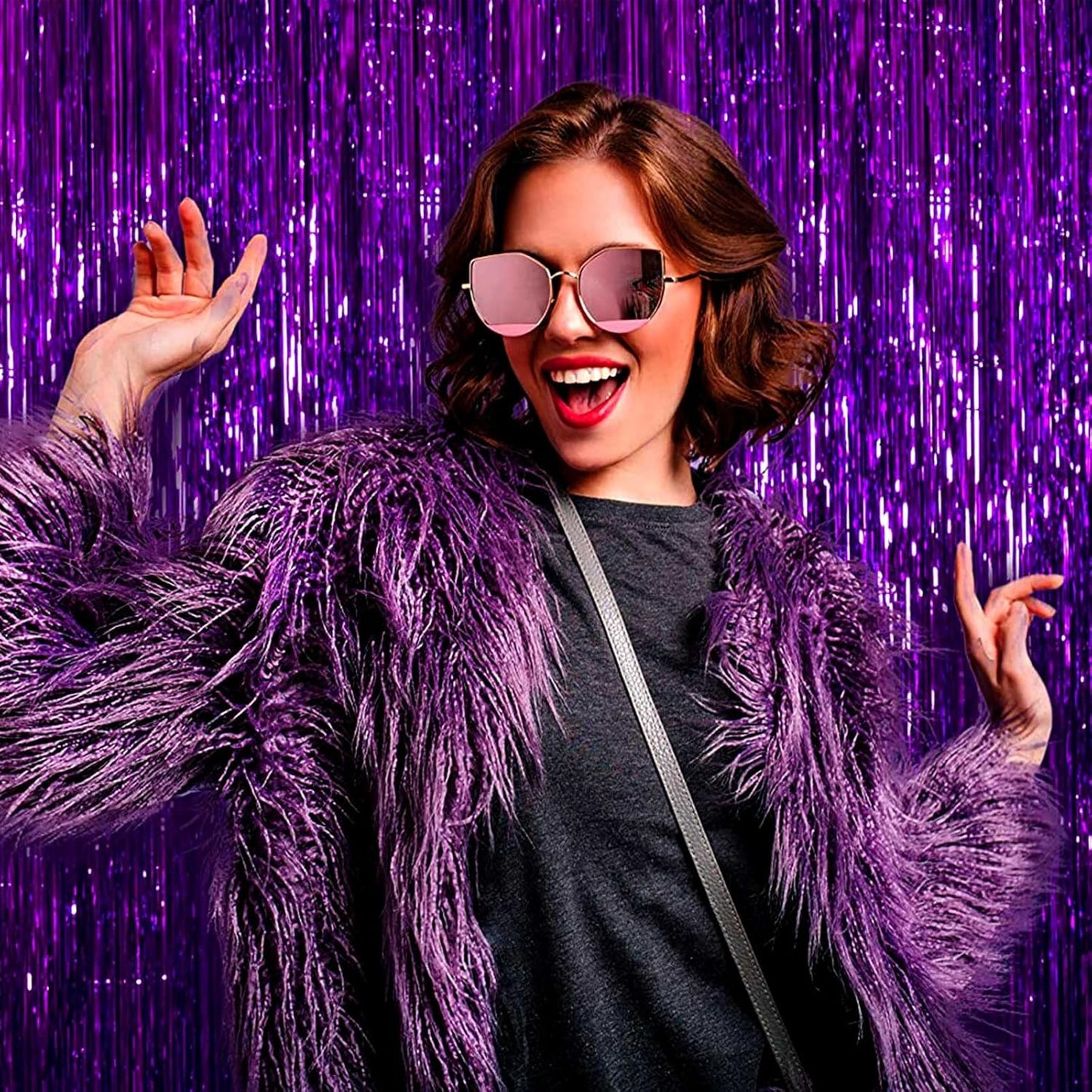 4 Pack Purple Foil Fringe Curtain Backdrop, 3.28Ft x 6.56Ft Metallic Tinsel Streamers Curtains for Party, Photo Booth Props, Birthday, 2022 Graduation Decoration Supplies