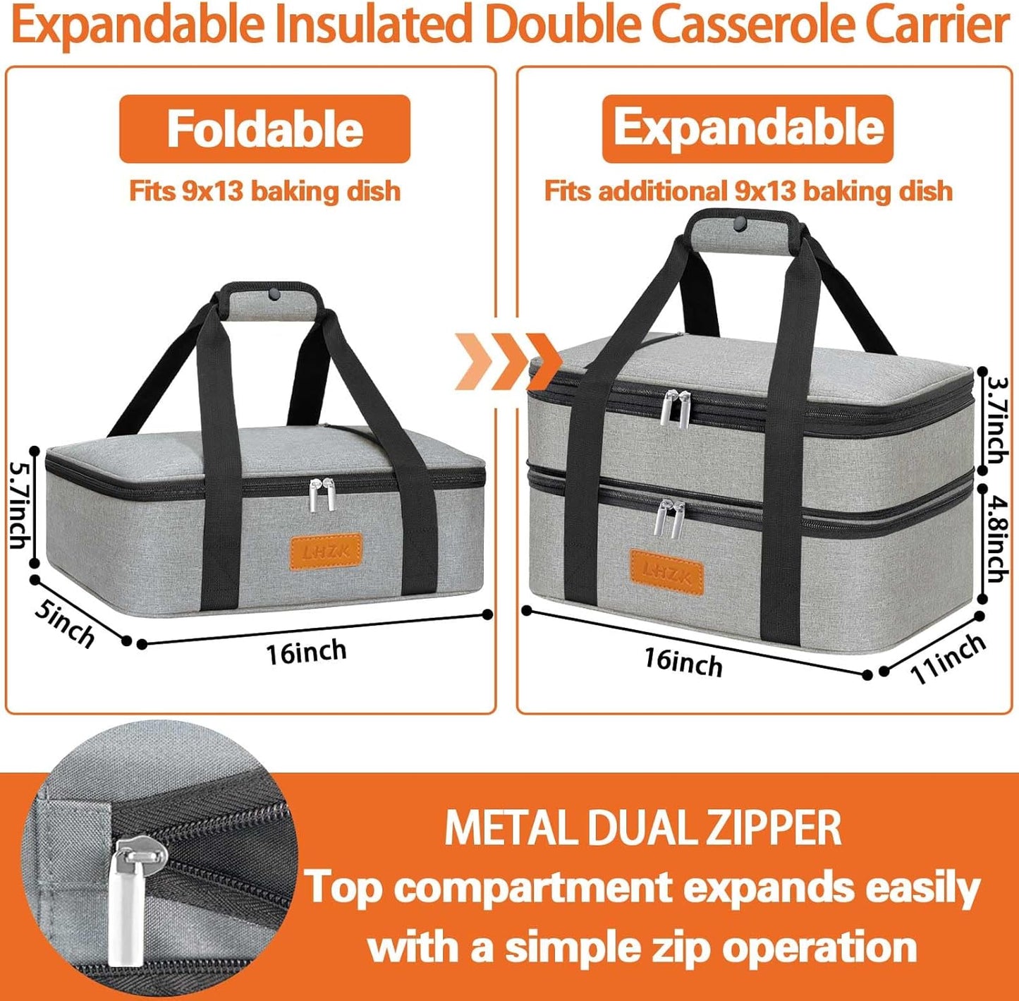 LHZK Double Insulated Casserole Carrier for Hot or Cold Food, Lasagna Holder Tote for Potluck Parties, Beach, Picnic, Travel, Fits 11x15 or 9x13 Dish (Grey)