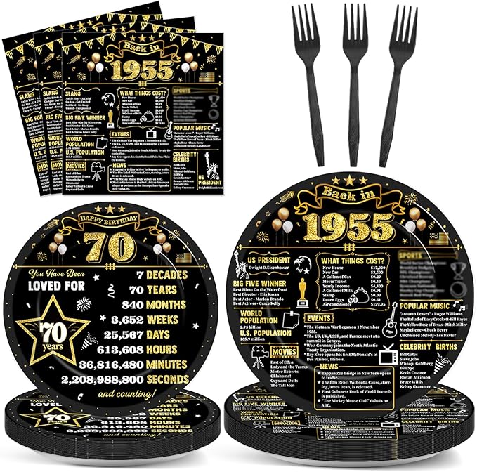 CHUNNIN 96Pcs 70th Birthday Plates and Napkins Back in 1955 Party Decorations Black Gold 70 Year Old Party Dessert Plates 1955 Tableware for 24 Guests 70th Theme Men Woman Birthday Supplies