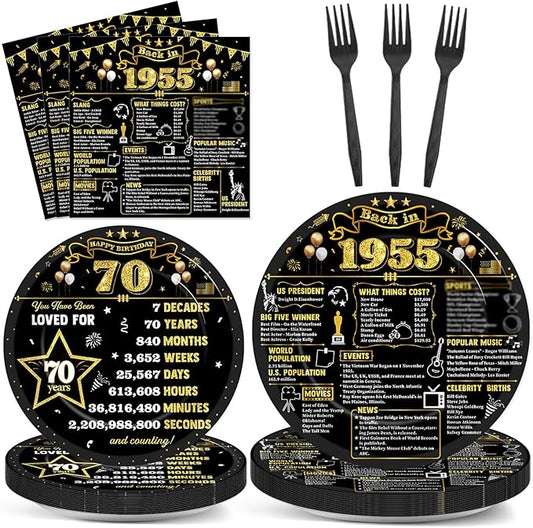 CHUNNIN 96Pcs 70th Birthday Plates and Napkins Back in 1955 Party Decorations Black Gold 70 Year Old Party Dessert Plates 1955 Tableware for 24 Guests 70th Theme Men Woman Birthday Supplies