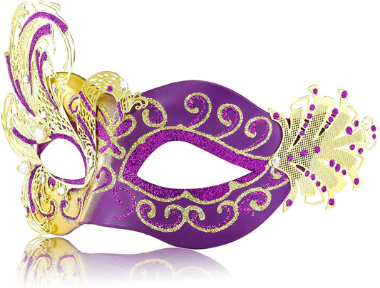 2025 New Purple Masquerade Mask for Women-Peacock Metal Filigree Venetian Mask- Butterfly Mascarade Mask for Women -Perfect for Mardi Gras, Halloween Parties, Costume Party, Carnivals, Wedding