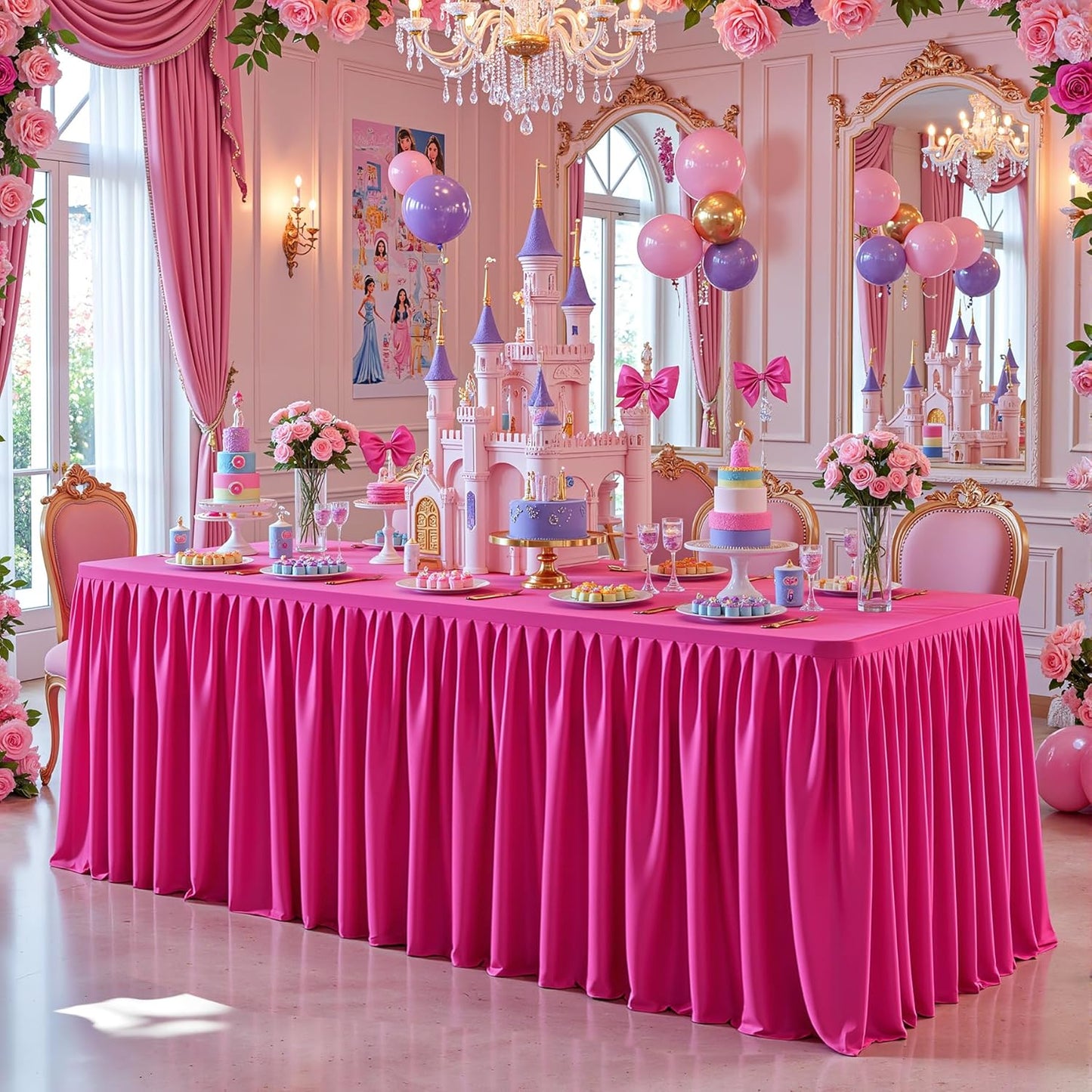 Hot Pink Table Clothes for Rectangle Tables 6ft, Wrinkle Resistant Fitted Table Cloth with Pleated Ruffle Skirts for Banquet Wedding Baby Shower Folding Tables