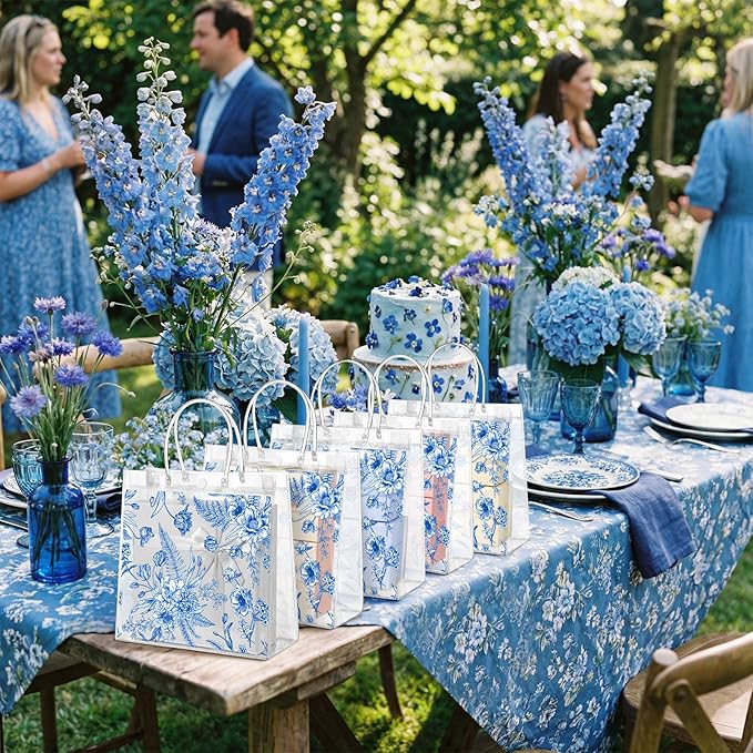 Kacctyen 24 Pcs Gift Bags for Party Favor Clear Goodie Bags with Handle 7.87 x 7.87 x 3.15 Return Gift Wrap Totes for Guests Treat Candy Wrapping (Blue Floral)