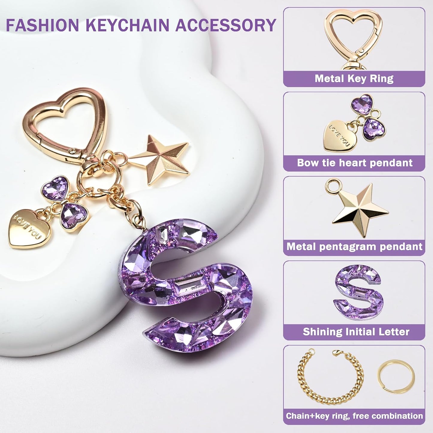 Cute Bling Keychain initial Letter Butterfly Star Pink Purple Gift for Women Girls Bag Cup Charms Accessories