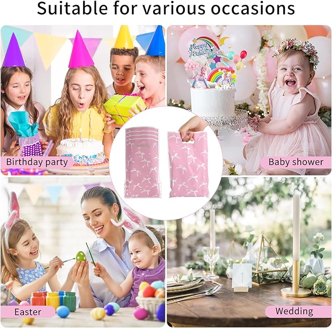 ARPOVIST 100 Pcs Pink Bow Gift Bags,9.8" x 6.5" Coquette Plastic Goody Bag with Handles for Baby Shower, Bridal, Birthday, Bachelorette, Engagement, Wedding,Candy Treat Bags Bulk