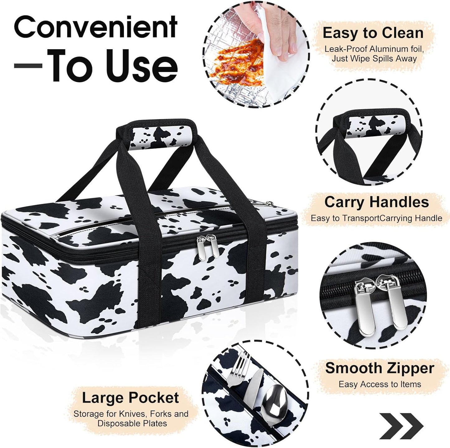 Insulated Casserole Carrier, Portable Casserole Carrier for Hot or Cold Food Lunch Tote Warmer or Cooler Bag, Lasagna Lunch Bag for Potluck Parties- Fits 9" x 13" Baking Dish-Cow Pattern