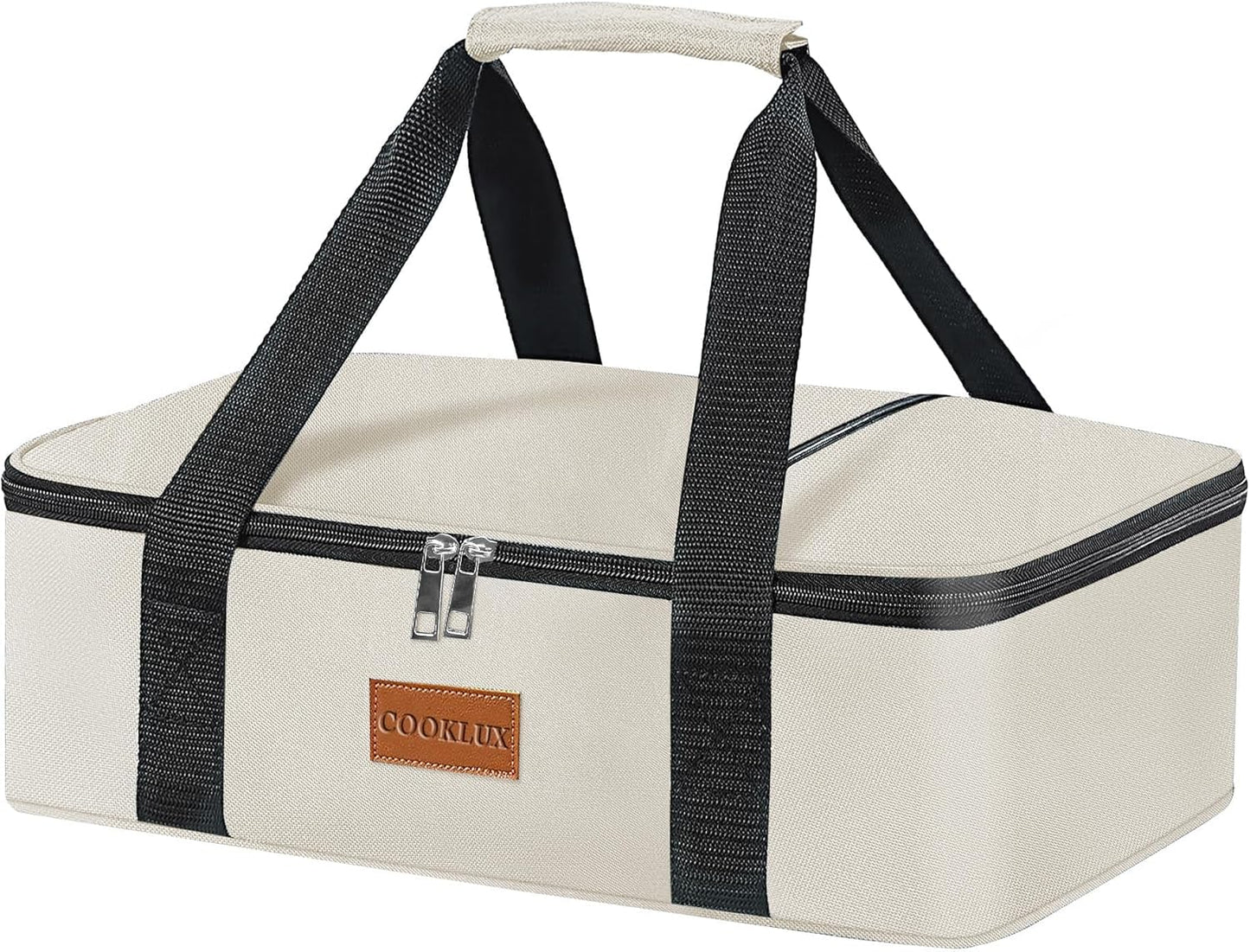 Insulated Casserole Carrier Fits 9"X13" Dish, Insulated Casserole Carry Bag for Hot or Cold Food, for Travel/Picnic/Party, Beige Single Layer, Durable Nylon with Zip Pockets, Leak-Proof