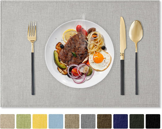 Romanstile Cloth Placemats Set of 4-12 x 18 Inch, Heat Resistant Double Layered Thickened Burlap Place Mats, Washable Linen Farmhouse Table Mats for Kitchen/Dining/Party/Outdoor, Light Grey