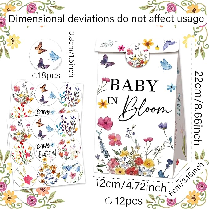 BACH AND BOUJEE 12 PCS Baby in Bloom Party Favors Gift Bags Floral Small Goodie Candy Bags with Stickers Wildflower Baby in Bloom Baby Shower Birthday Party Supplies
