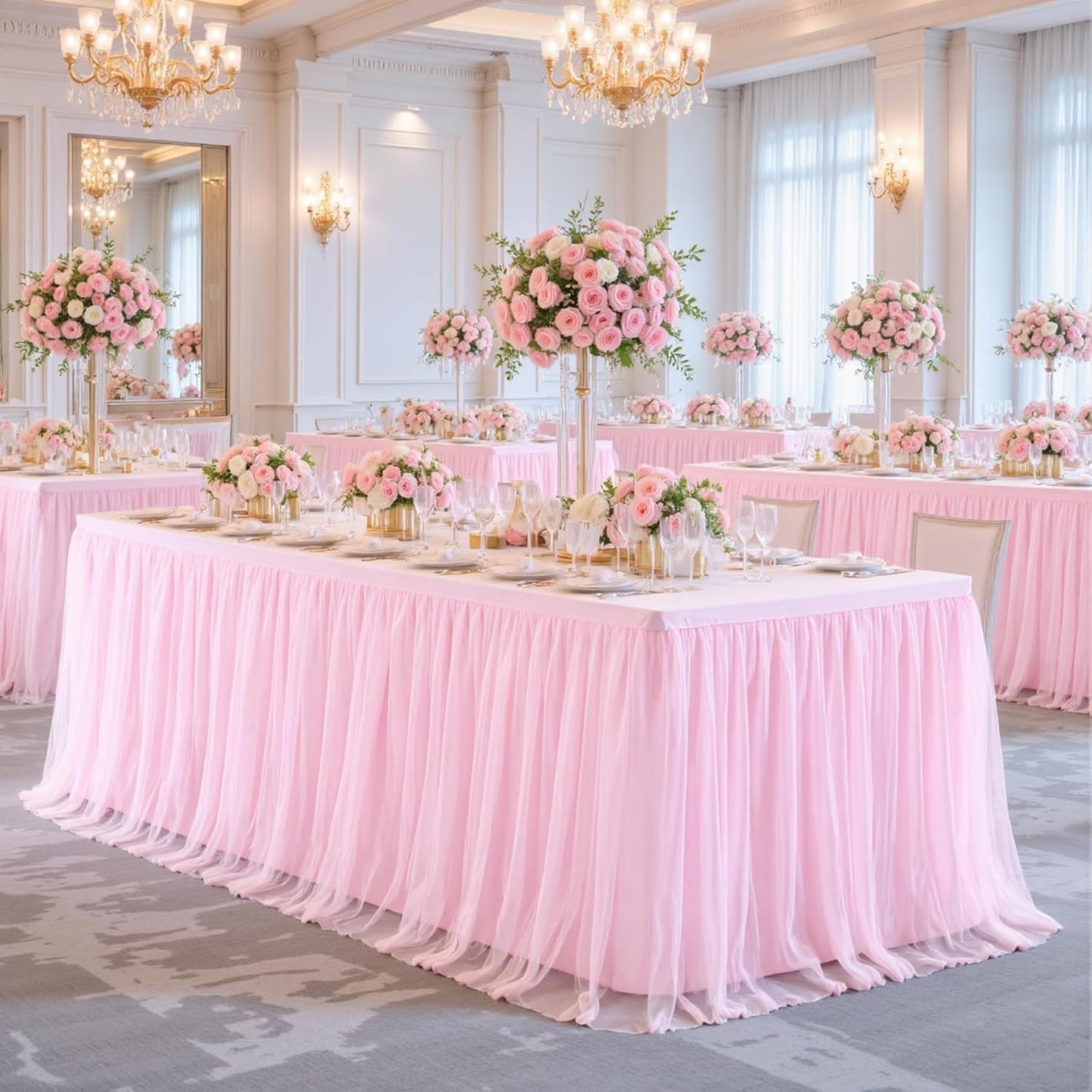 8ft Pink Tulle Tablecloths for Rectangle Tables 8 Foot Baby Pink Table Cloth Rectangular Wrinkle Free Stretch Spandex Table Cover with Skirt for Baby Shower Girls Birthday Party Banquet Buffet Cake