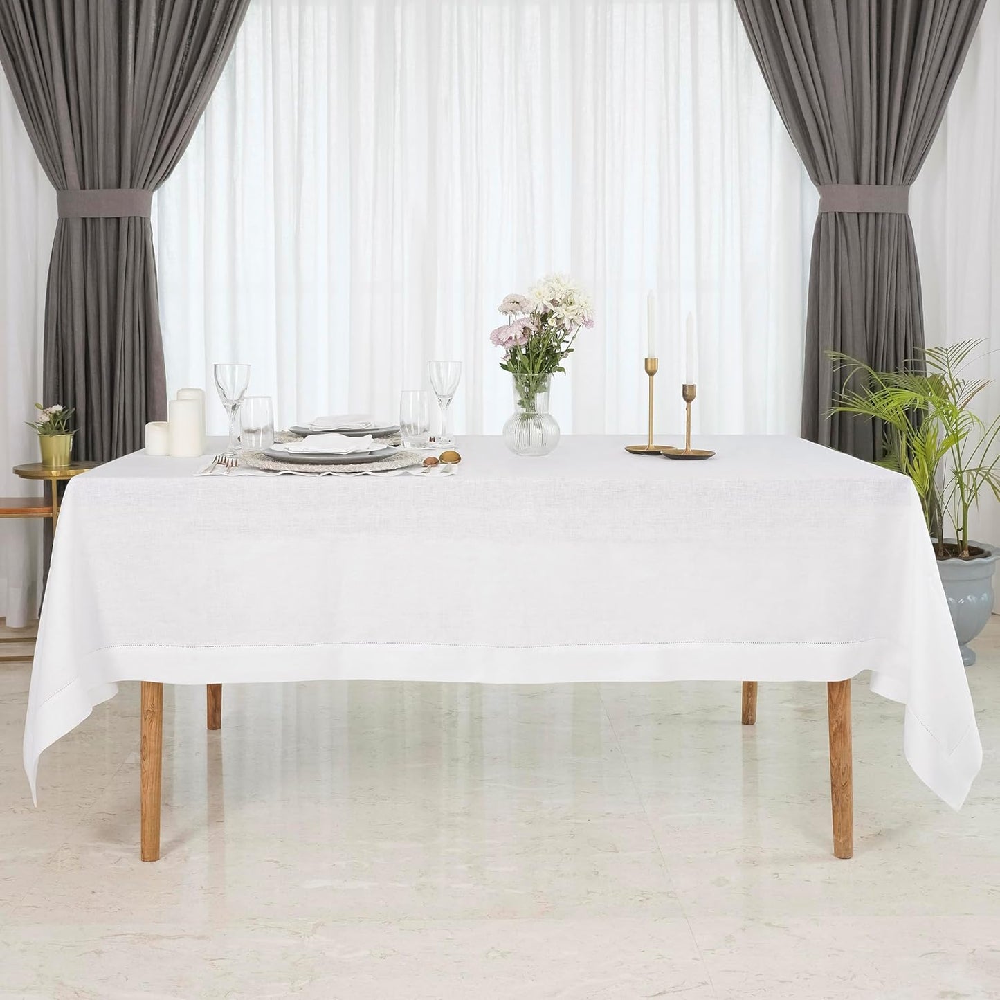 D'Moksha Homes White Linen Tablecloth for Rectangle Tables 60 x 144 Inch - 100% Pure Linen White Table Cloth - Classic Hemstitch, Machine Washable Dining Tablecloth for Thanksgiving, Christmas