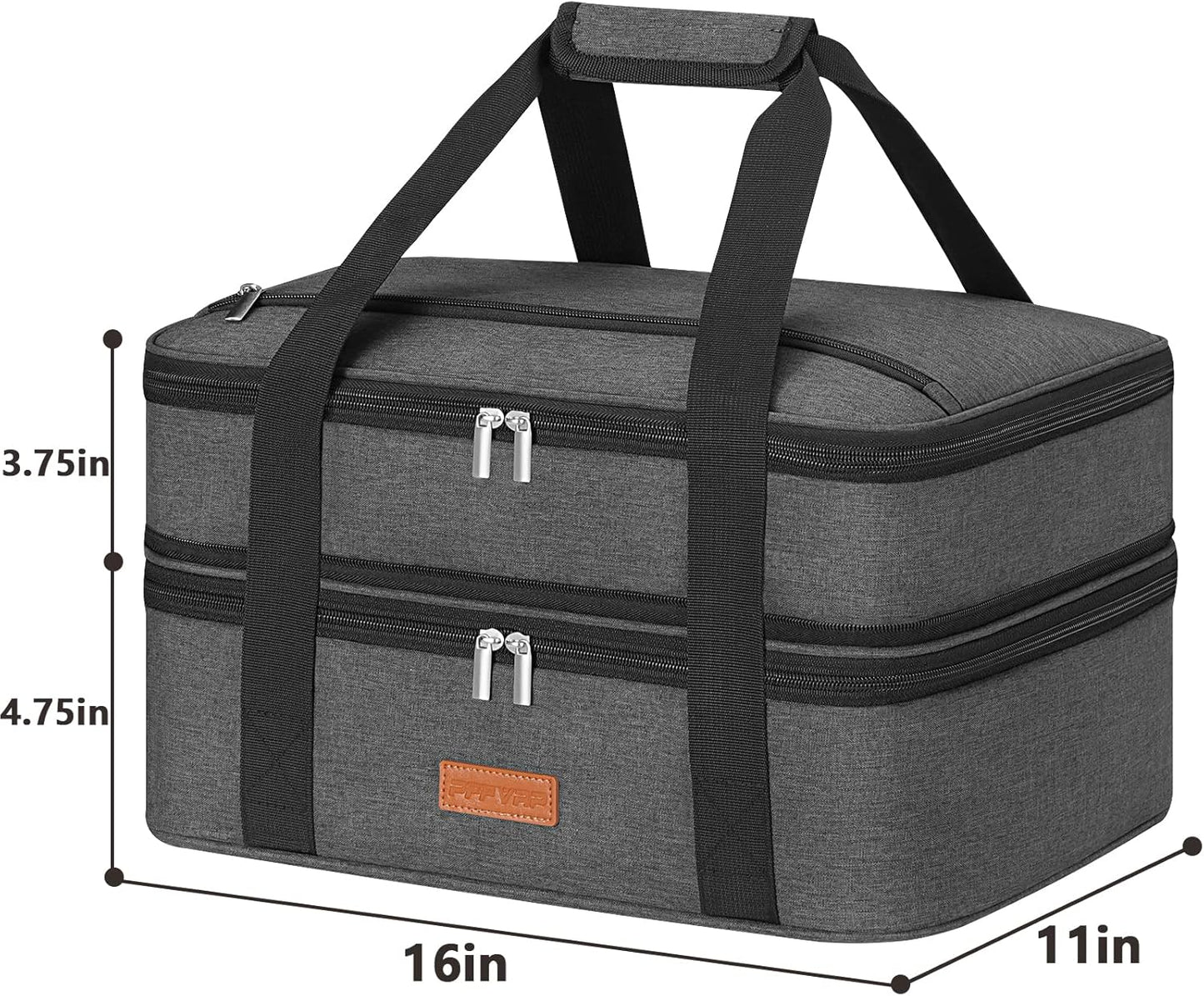 Double Decker Insulated Casserole Carrier for Hot or Cold Food, Expandable Food Carrier for Potluck Parties, Picnic, Cookouts, Fits 11 x 15 or 9 x 13 Lasagna Pan, Baking Dish（Gray）