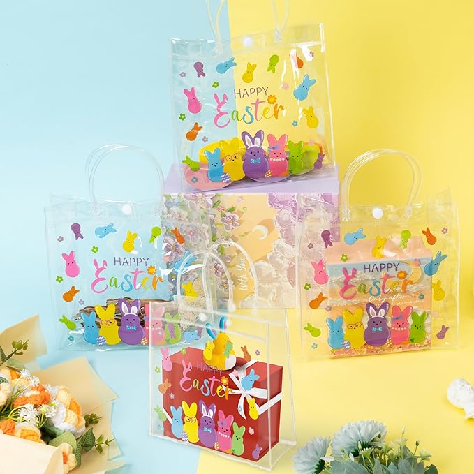 H1vojoxo Happy Easter Gift Bags - 24PCS Easter Colorful Bunny Clear PVC Tote Bags with Handle 7.87x3.1x7.87Inch Printed with Rabbits Clear Reusable PVC Gift Wrap Bags for Snack Candy Treat Party Favor
