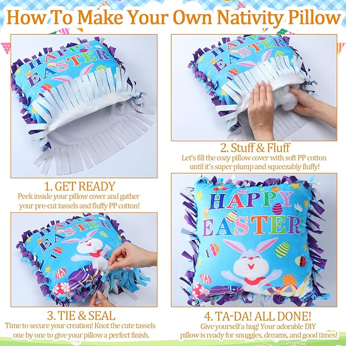 Mindsoft 6 Sets Easter Bunny Fleece Tied Pillow Craft Kits – DIY Easter Decor, No Sewing Required, Colorful Rabbit & Egg Design, Home Activity, Gift for Spring Party