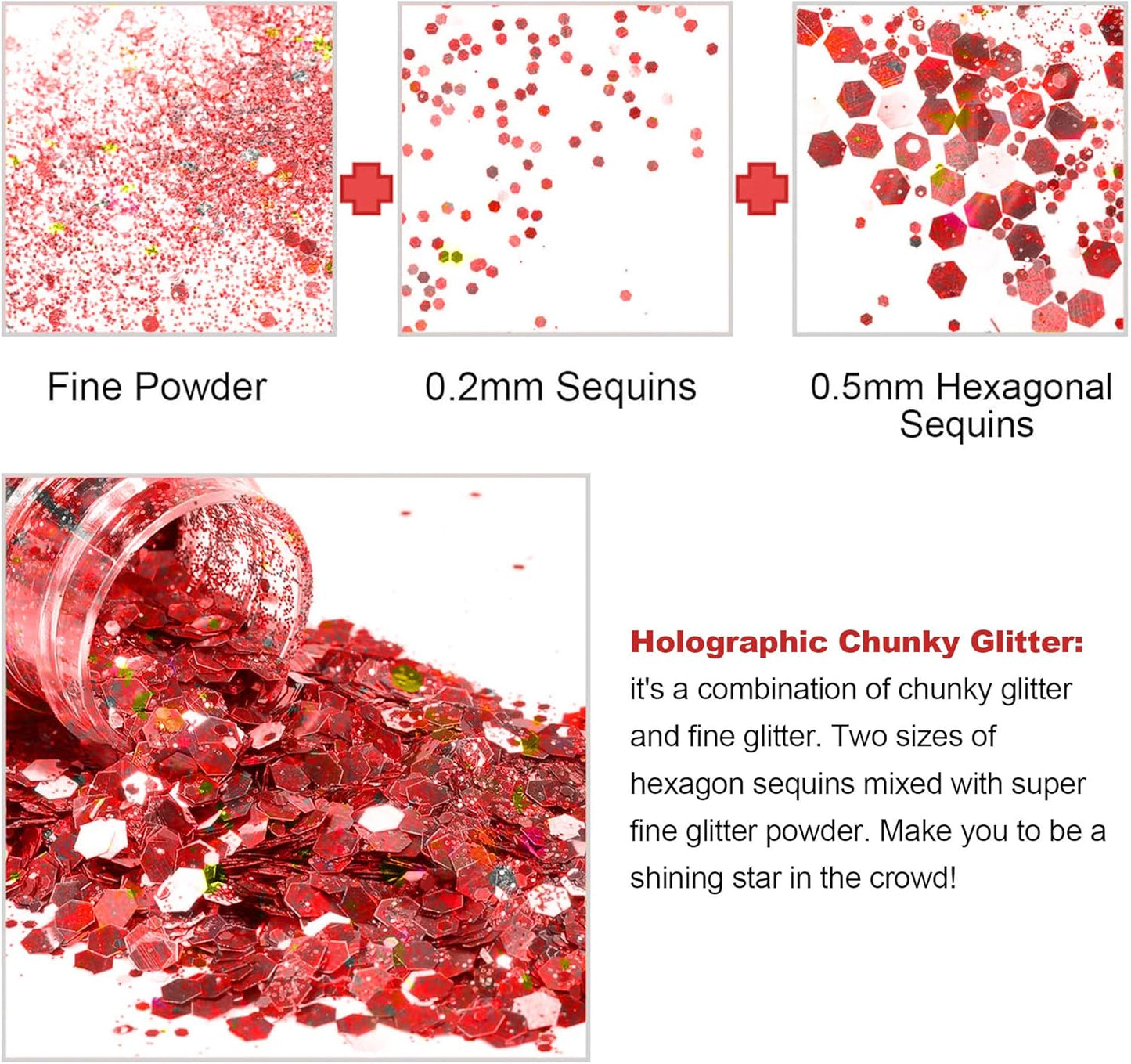 HEMOER Holographic Chunky Glitter, 12 Colors Sparkle Sequins, Mix Exclusive Polyester Glitter Set for Epoxy Resin, Tumblers,Crafts, Makeup, Festival Party Decoration - 0.42oz Each Bottle