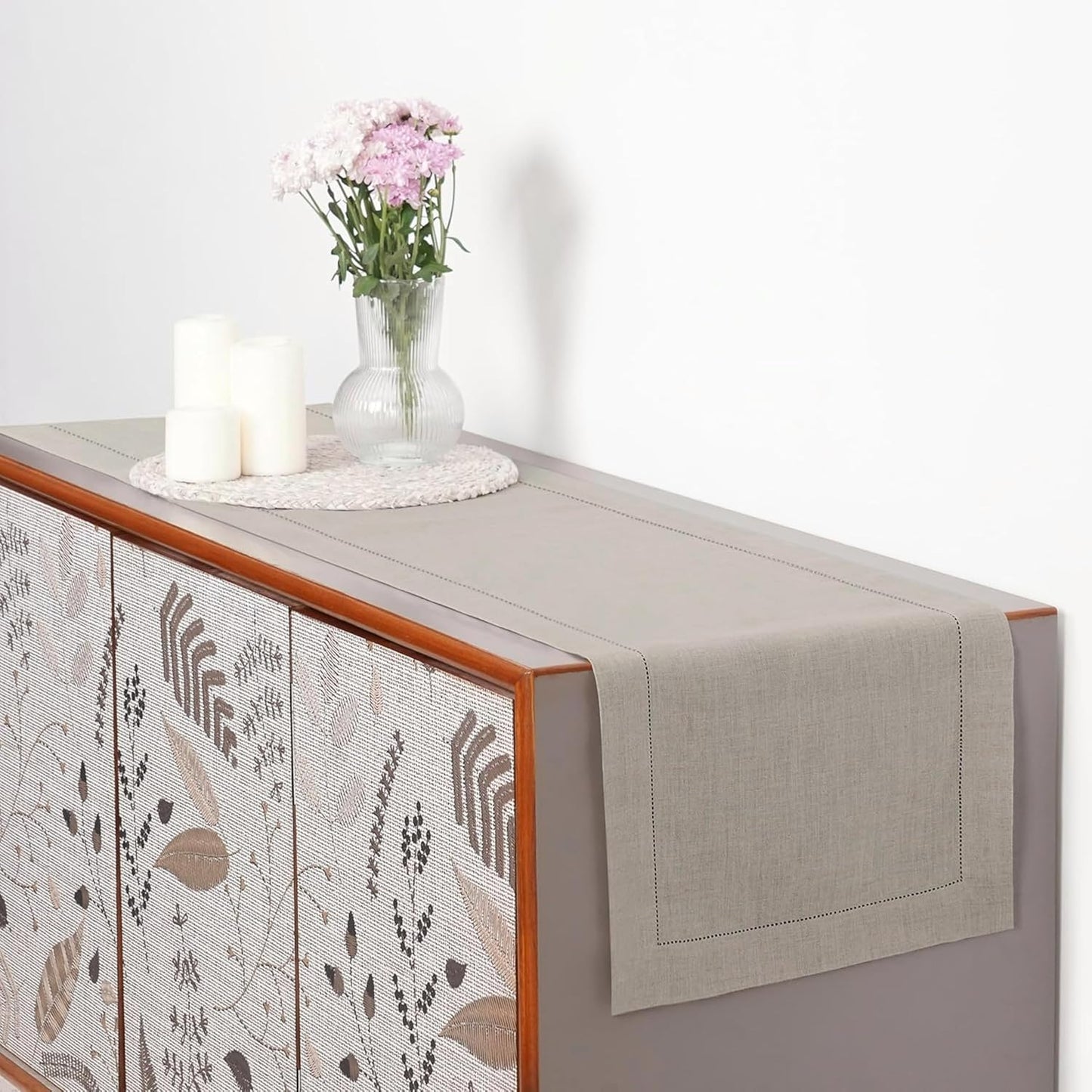 D'Moksha Homes Linen Natural Table Runner 132 Inches Long - 100% Pure Linen Extra Long Table Runner 14 x 132 Inch for Fall, Autumn and Halloween - Classic Hemstitch