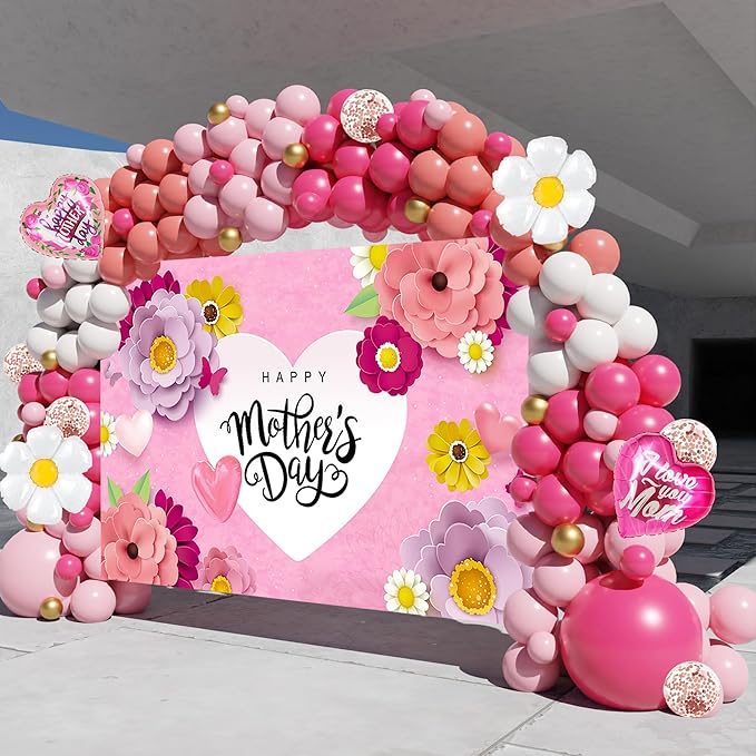 Mothers Day Decorations,146PCS Mother’s Day Balloon Garland Arch Kit Pink Rose Red Balloon with Large Happy Mother’s Day Backdrop, Mother’s Day Decorations for Party