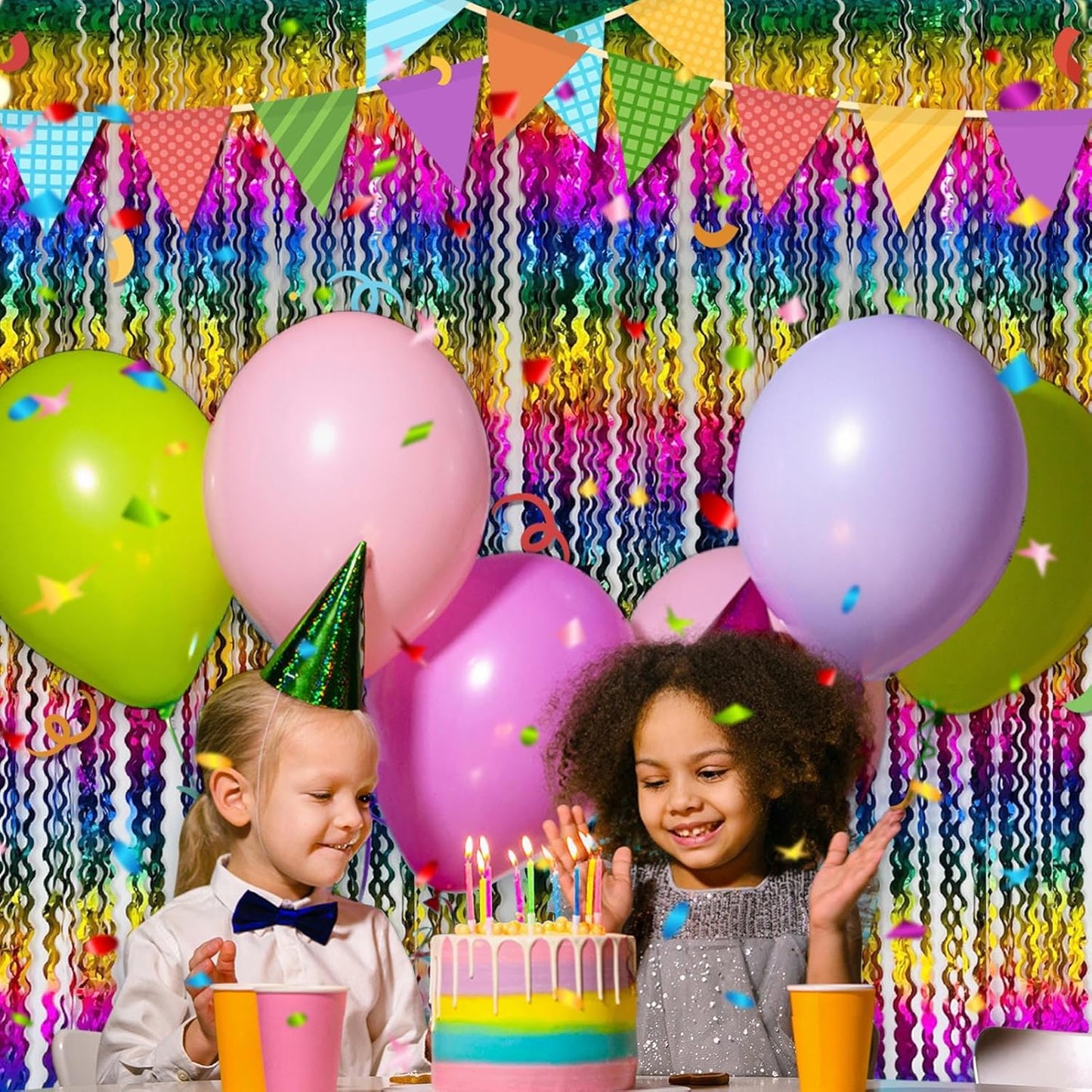 4 Pack Rainbow Fringe Curtain Backdrop 3.2Ft x 8.2Ft Metallic Tinsel Foil Fringe Streamers Background for Photo Booth Mother's Day, Easter, Carnival, Birthday, Wedding Party Decoration