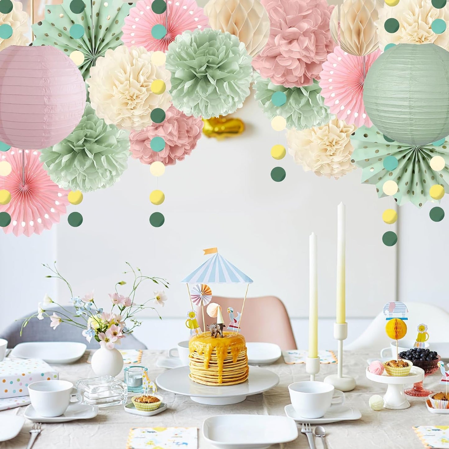 Sage Green and Pink Party Decorations Sage Green and Pink Paper Fans Paper Lanterns Pom Poms Flowers for Baby Shower Birthday Wedding Engagement Party