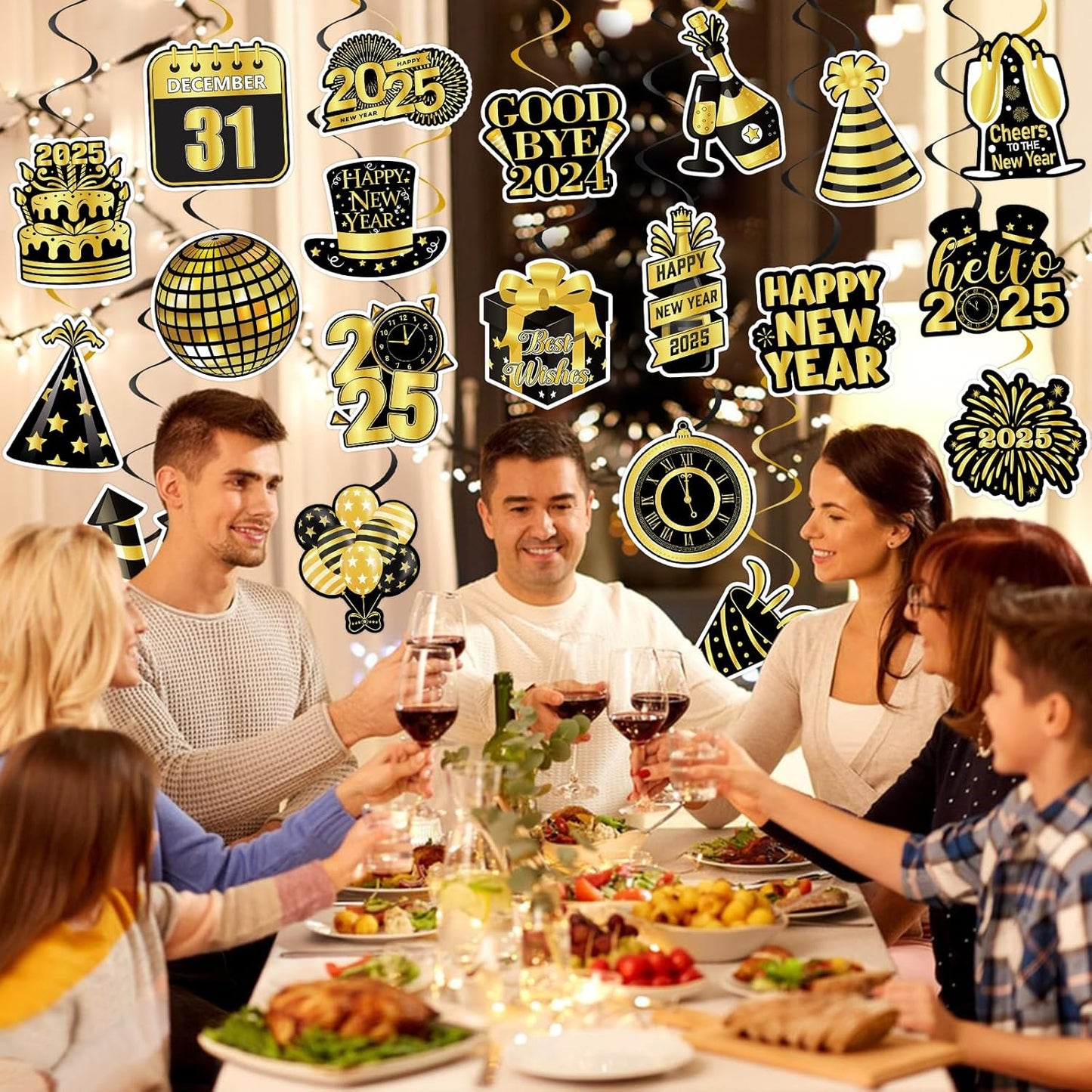 40Pcs Happy New Year Decorations Hanging Swirls, Black and Gold Happy New Year Hanging Swirls Ceiling Decor Happy New Year Hanging Decorations New Year's Eve Party Decorations Supplies 2025