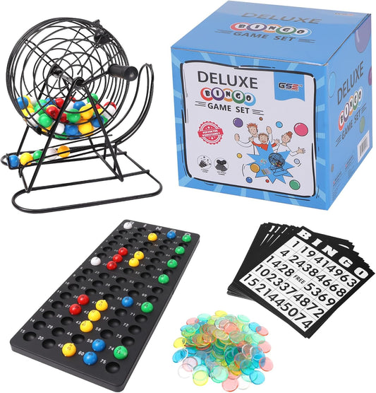 GSE Games & Sports Expert Deluxe Bingo Game Set with Steel Cage, Master Board, 75 Balls, 300 Chips, 50 Bingo Cards for Friend Parties, Game Night