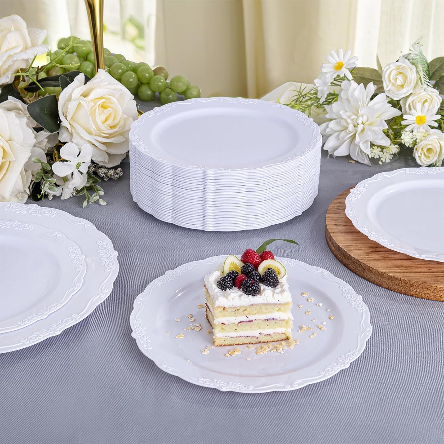 DaYammi 36PCS White Plastic Plates, Heavy Duty White Disposable Premium 7.5inch Dessert Cake Salad Appetizer Plates Hard Plastic Platos Disposable for Party Wedding