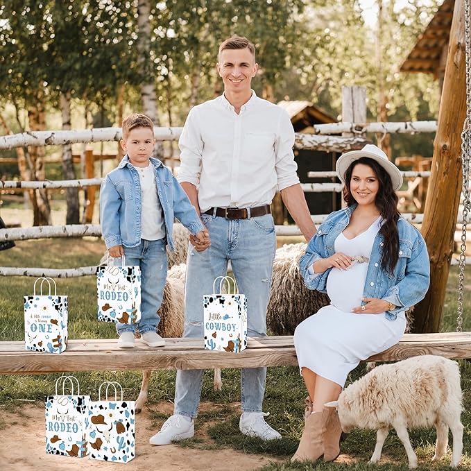 Gaillty 24 Pcs My First Rodeo Party Favor Bags 1st Rodeo Birthday Gift Bags Decorations Paper Cowboy Wild West Goodie Bag with Handles for Treat Candy Western Birthday Baby Shower Party Supplies