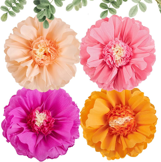 SUNBEAUTY 4 PCS 20" Hot Pink Orange Fall Birthday Party Decorations Giant Paper Flowers Large Crepe Tissue Pompoms Sunset Autumn Women Girls DIY for Wedding Backdrop Bridal Baby Shower Thanksgiving