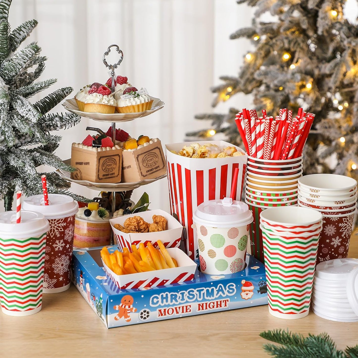 Bokon 172 Pcs/ 24 Sets of Christmas Movie Night Snack Trays 3 Sizes Snack Boxes, 16 oz Disposable Drinks Cups, 50 Straws, Complimentary Sealing Stickers for Cinema Party Decoration(Paper,Stripe)