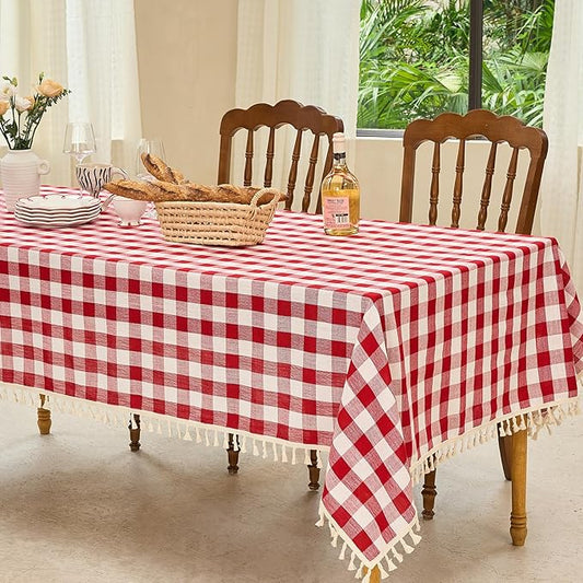 Table Cloth Rectangle Table-Rustic Gingham Tablecloth Buffalo Plaid Table Cloth for Thanksgiving Christmas Kitchen Dining Room (55x102 Inch,Red and White)