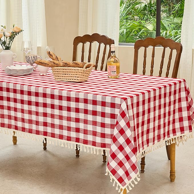 Table Cloth Rectangle Table-Rustic Gingham Tablecloth Buffalo Plaid Table Cloth for Thanksgiving Christmas Kitchen Dining Room (55x70 Inch,Red and White)