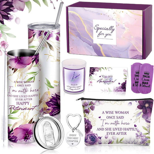 Bokon 7 Pcs Retirement Gift for Women 2025, Retirement Party Decorations, Gift Box for Coworker Teacher Mom Nurse Boss Friend with 20oz Tumbler Canvas Tote Bag(Purple)